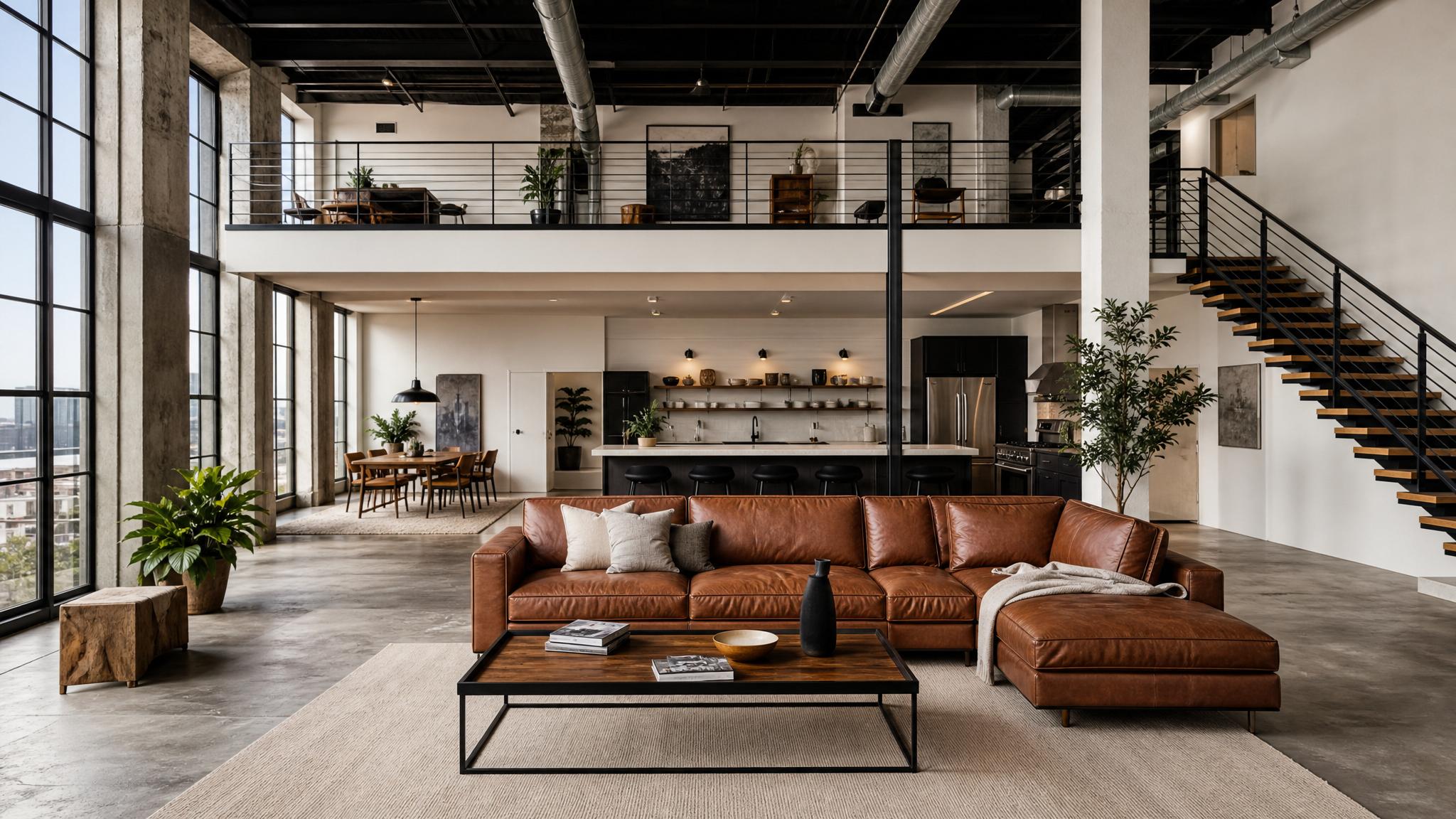 An urban loft living room showcasing high ceilings and open space