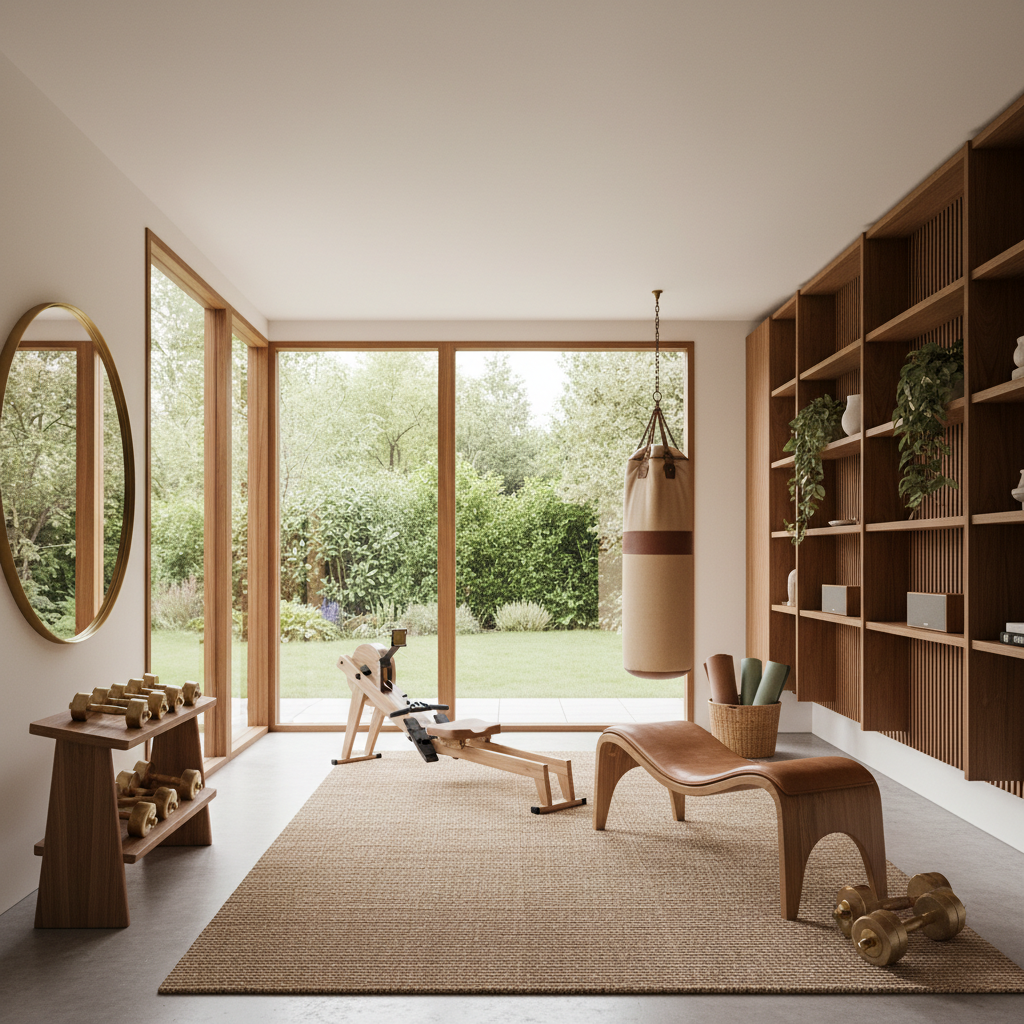 Image of a mid-century modern home gym setup with clean lines and organic materials.