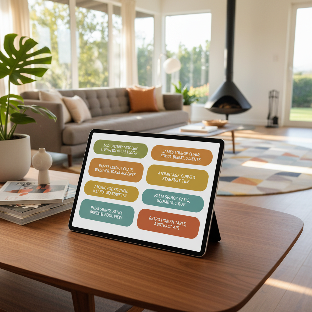 Image of prompts for AI interior design tool focusing on mid-century modern styles.