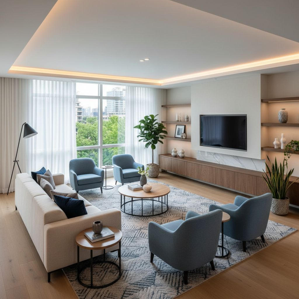 Elegant modern living room with optimal spatial arrangement.