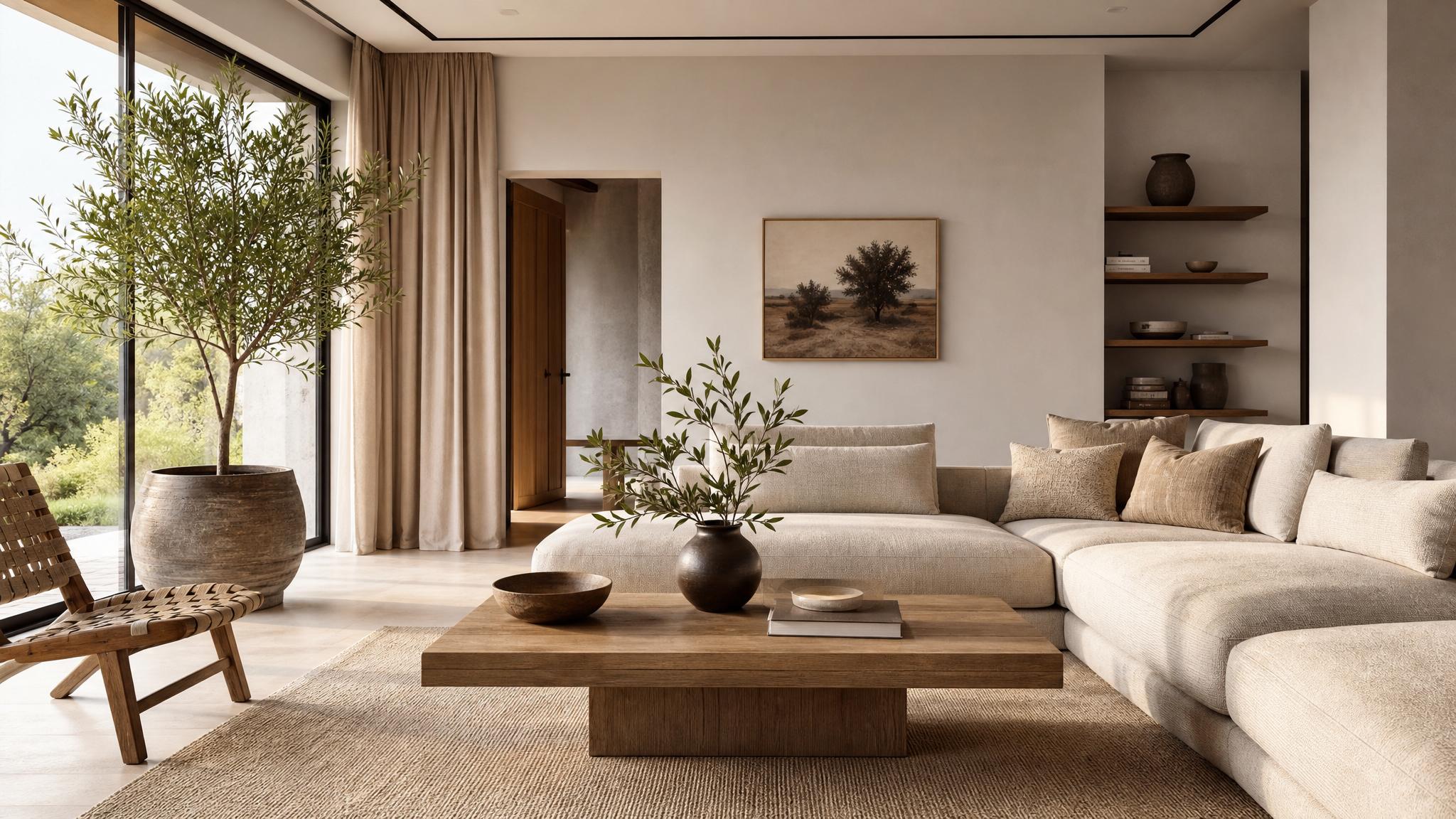Image of a zen living room with neutral tones and minimalistic design
