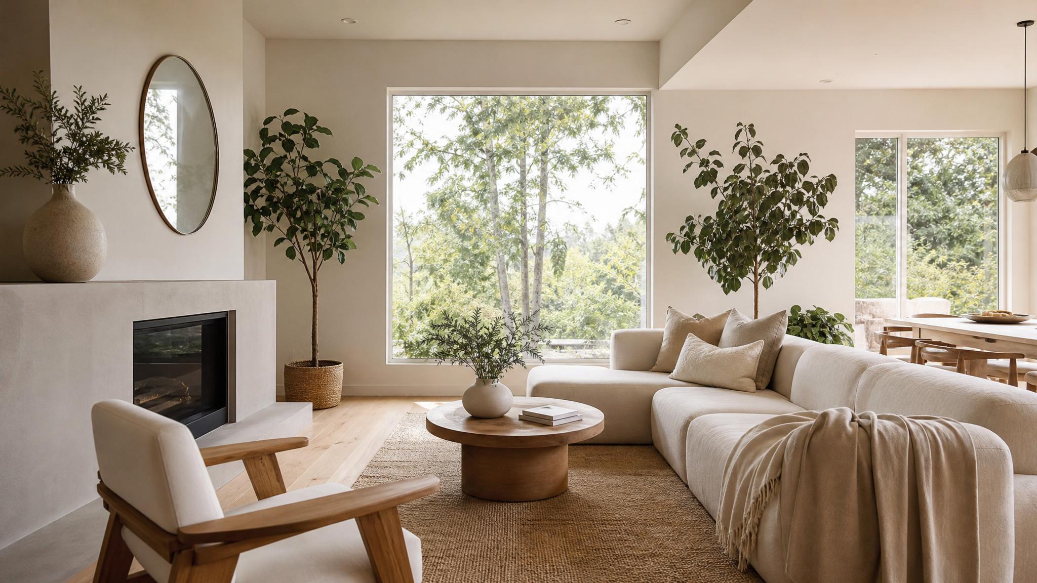 Image of a minimalist living room with soft lighting and plants