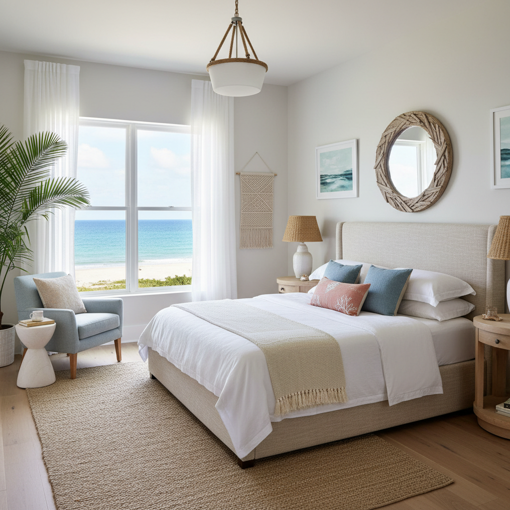 A serene coastal guest bedroom featuring light colors, natural materials, and ocean-inspired décor.