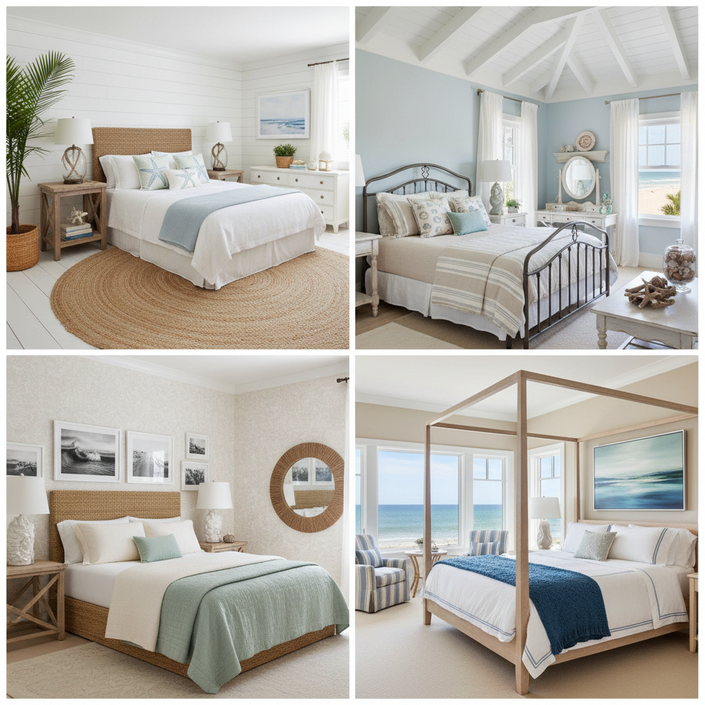 A selection of AI-generated coastal guest bedroom designs combining light colors and beach-themed decor.