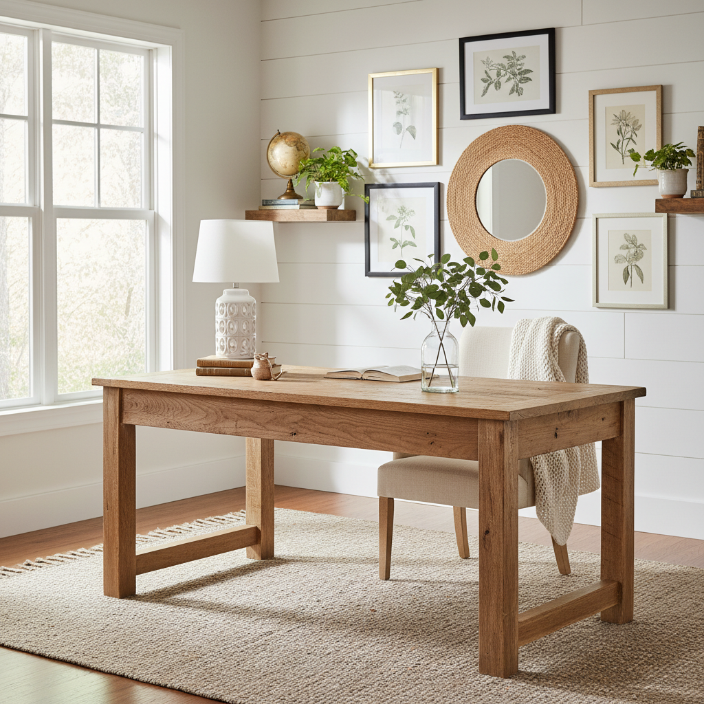 A beautifully staged farmhouse home office with wooden furniture and natural lighting.