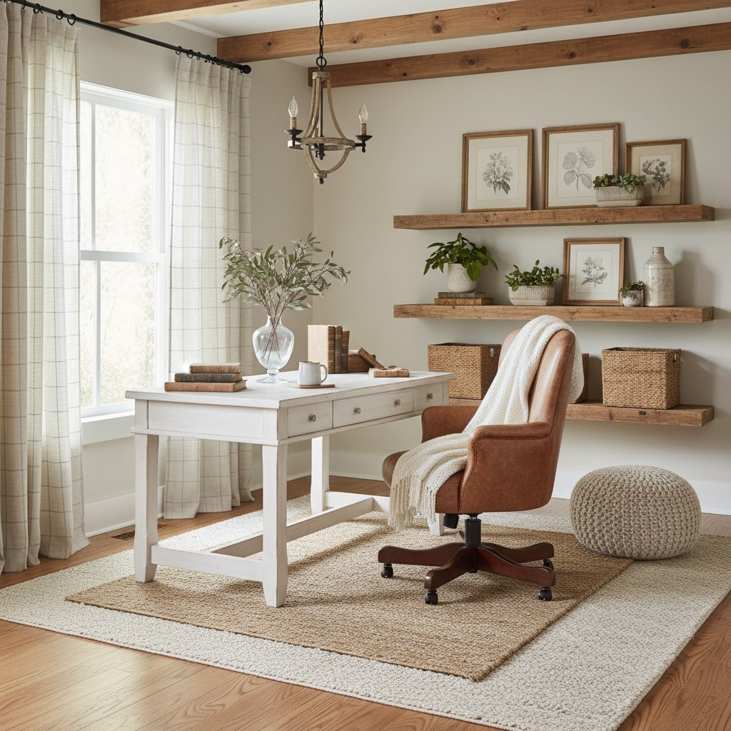 Cozy farmhouse decor elements like soft textiles and wooden accents in an office space.