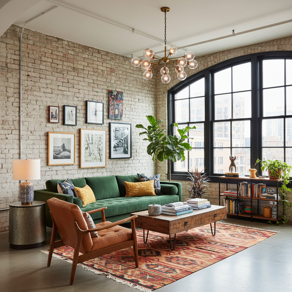 An image of an eclectic loft design featuring a mix of colors, textures, and furniture styles.