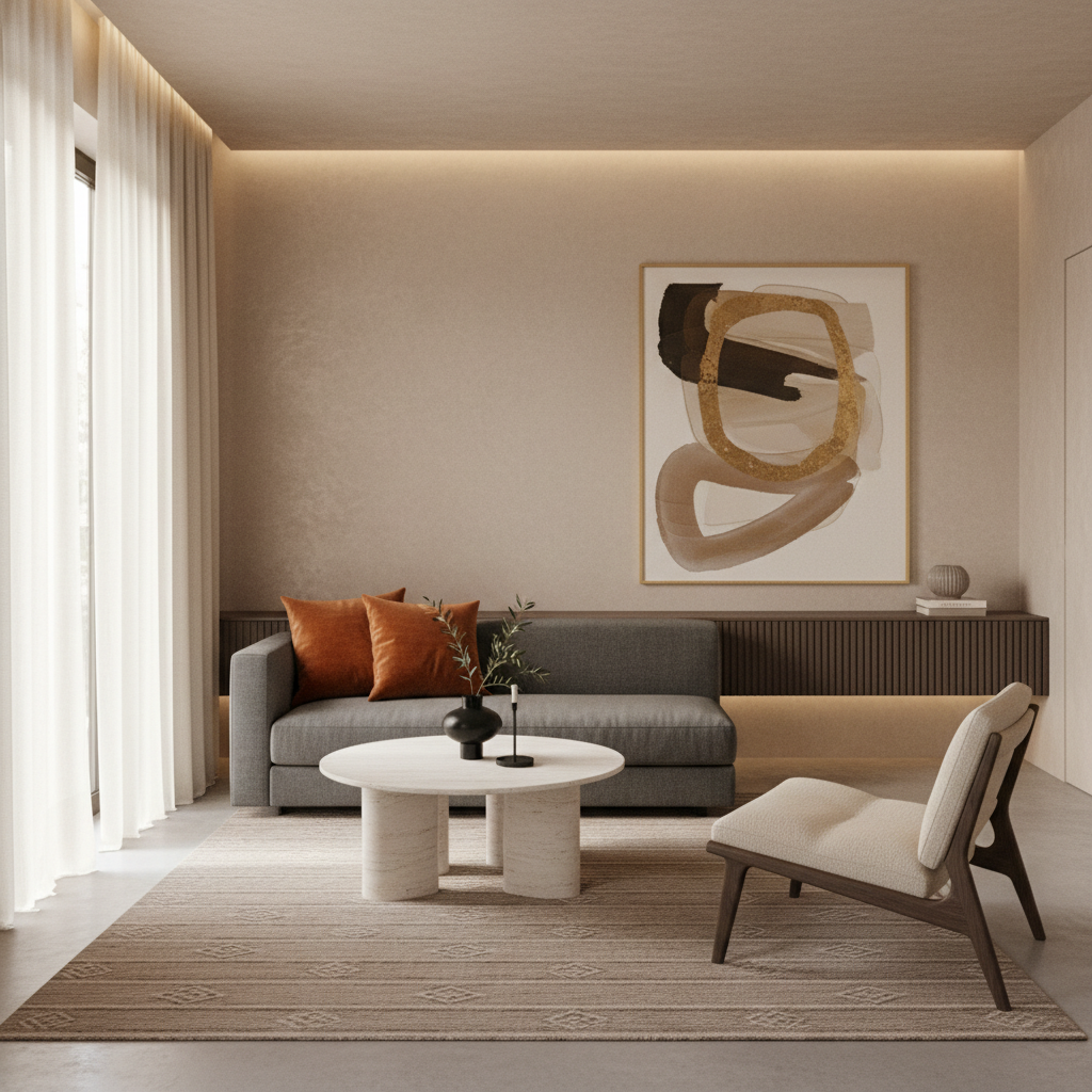 An elegant Italian modern small living room showcasing minimal furniture and rich textures.