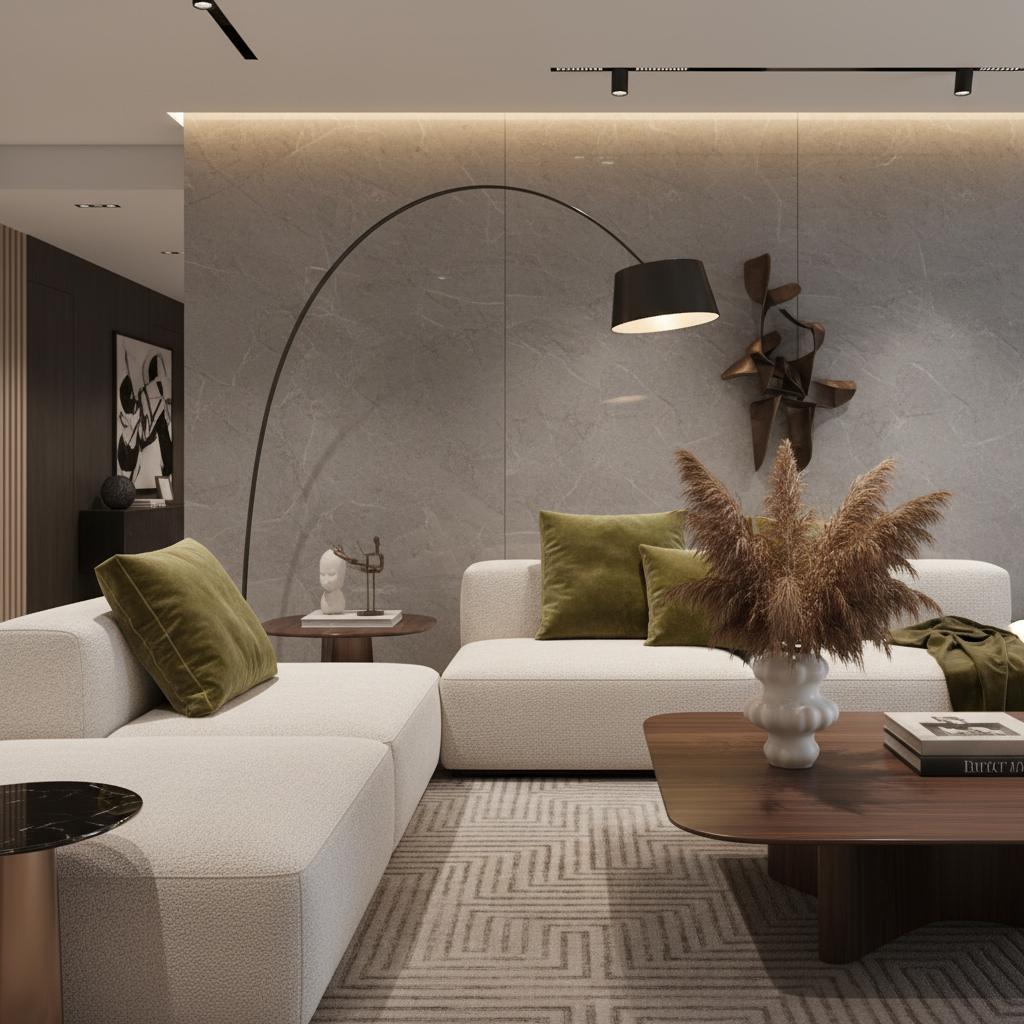Close-up of elegant furniture designs and textures in an Italian modern living room.