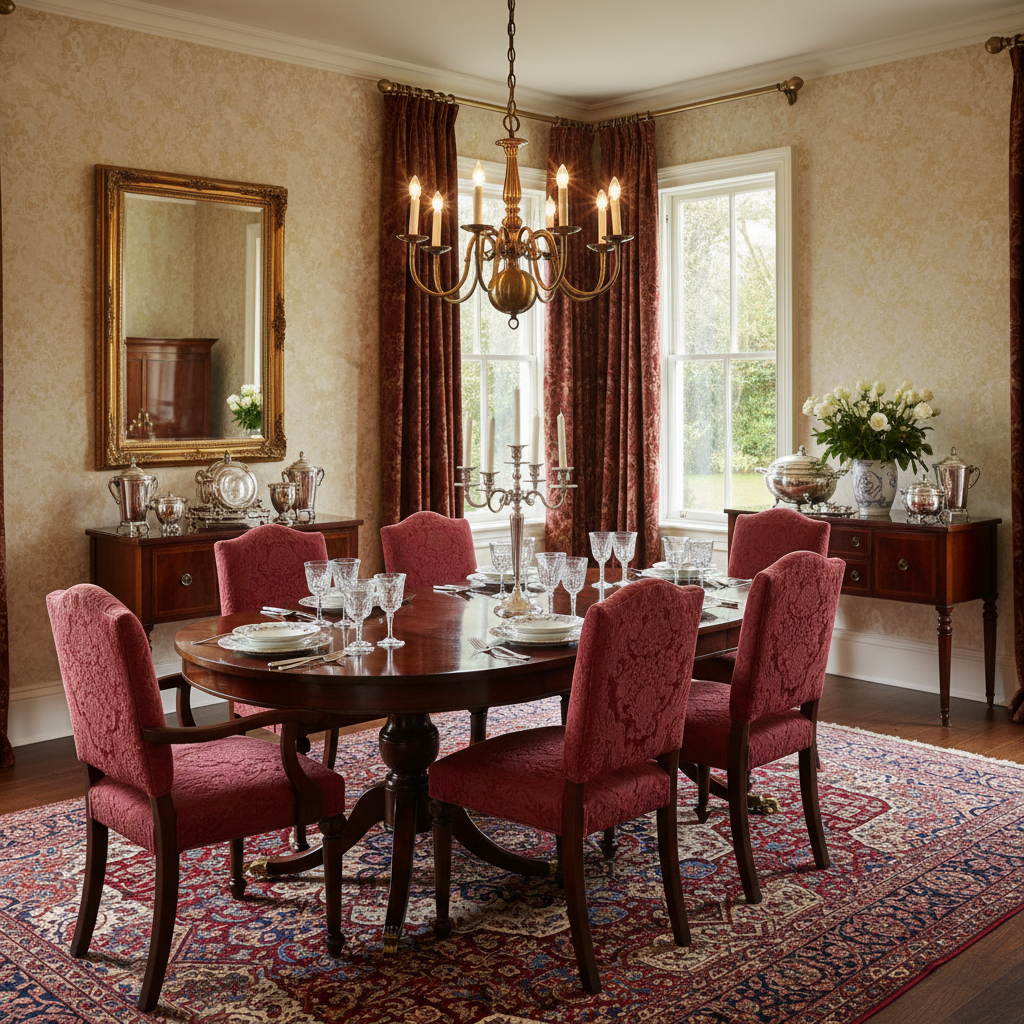 A traditional dining room filled with classic furniture and rich textures.