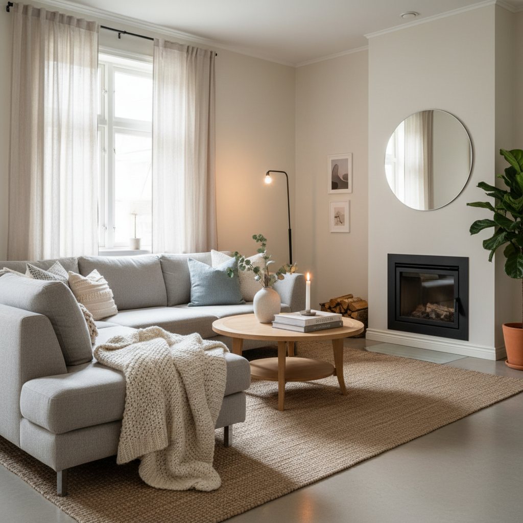 A Scandinavian styled living room with a cozy and inviting feel.