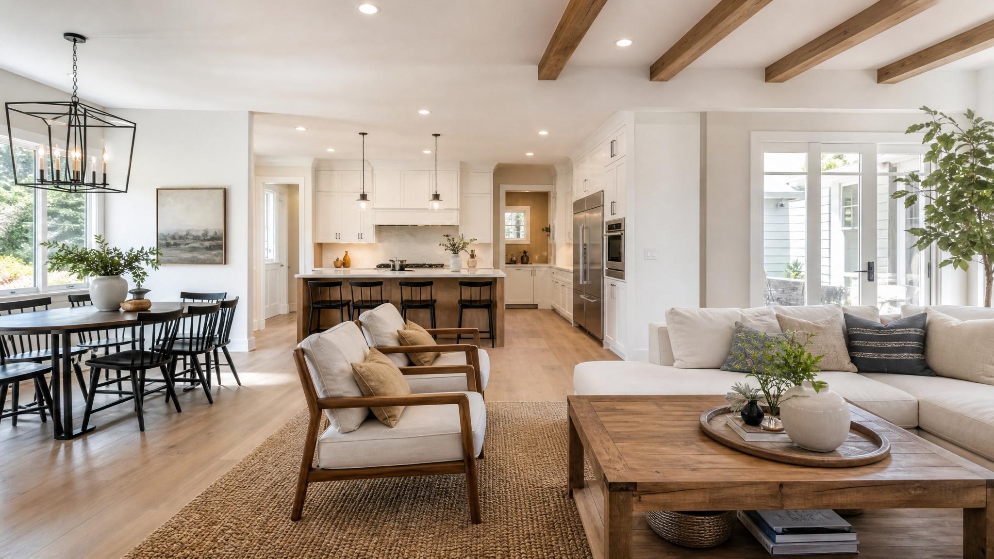 A beautifully staged open-plan living room showcasing distinct areas for living, dining, and kitchen.