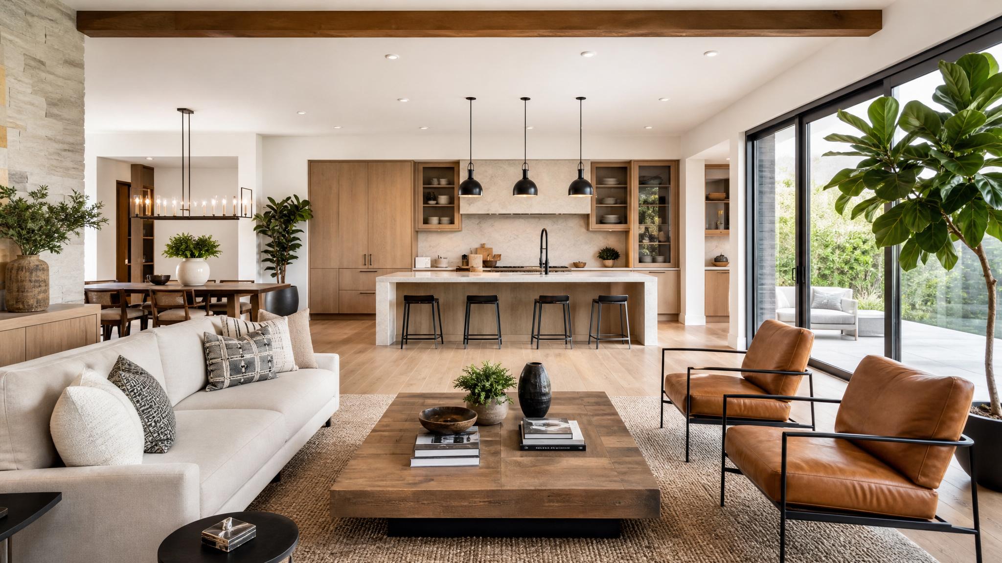 An array of AI-generated prompts for designing an open-plan living room.
