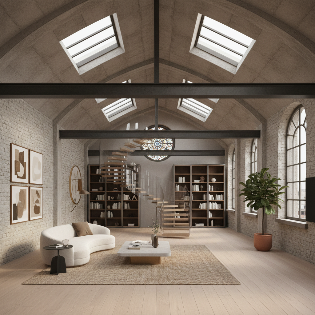 An example of a virtual staged loft focusing on unique architectural features.