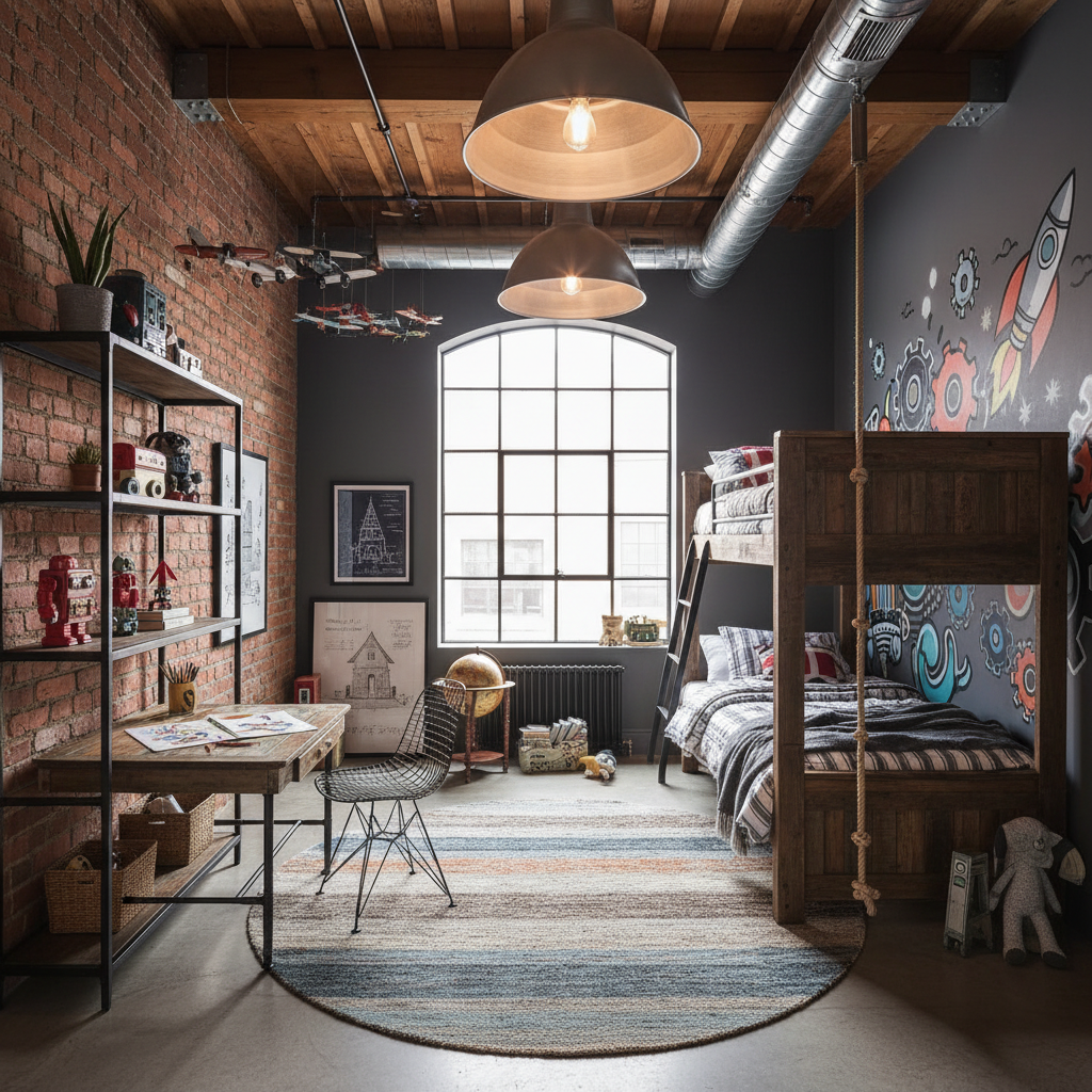An industrial kids bedroom showcasing metal shelves, wooden furniture, and playful decor.