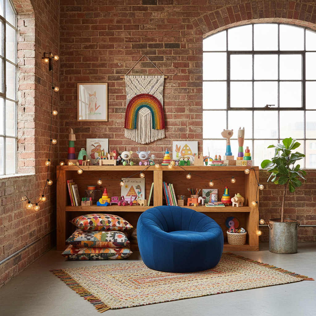 A cozy nook in an industrial kids bedroom with creative lighting, wooden shelves, and colorful decor.