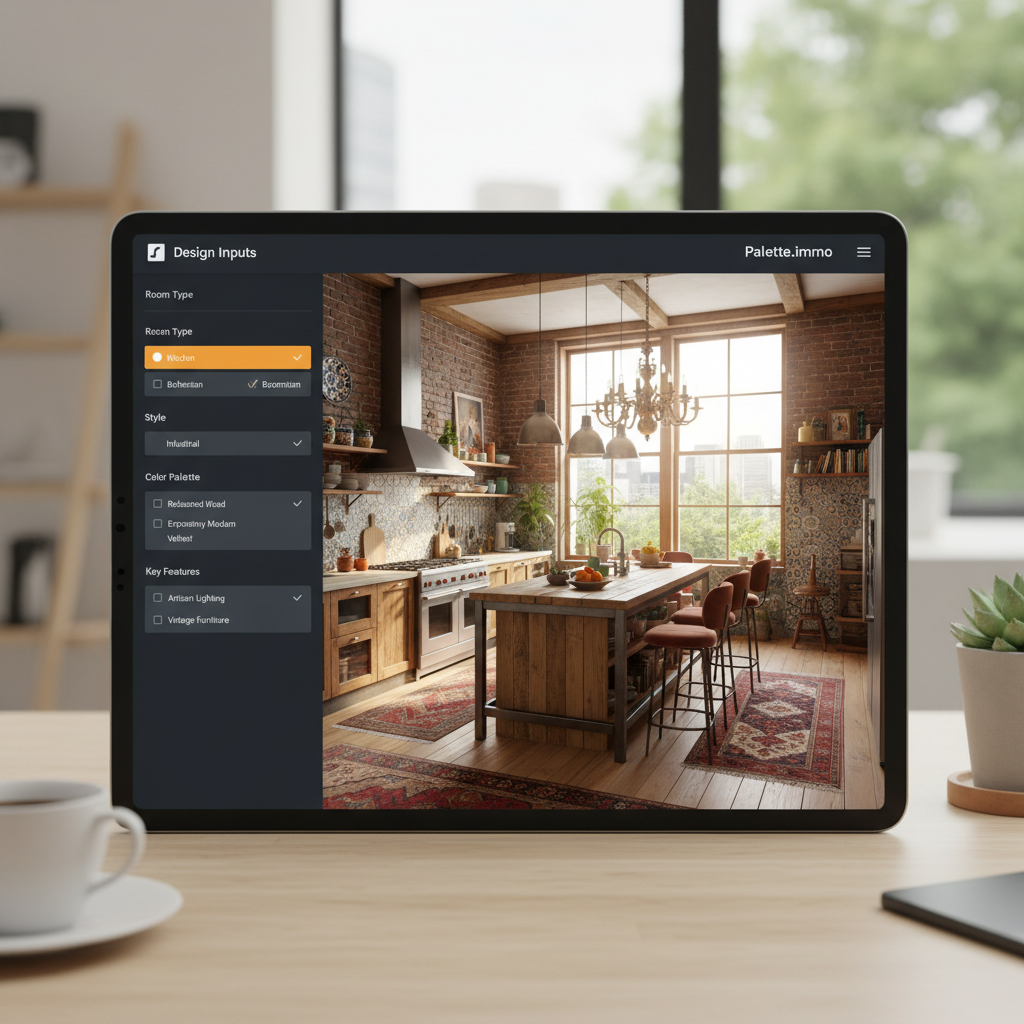 A screenshot of the Palette.immo interface with design inputs for an eclectic kitchen.
