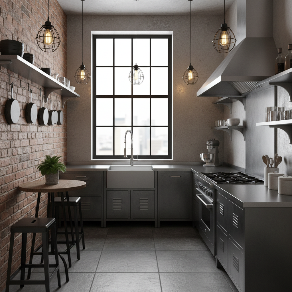 Image of a small industrial kitchen with exposed brick and metal fixtures.
