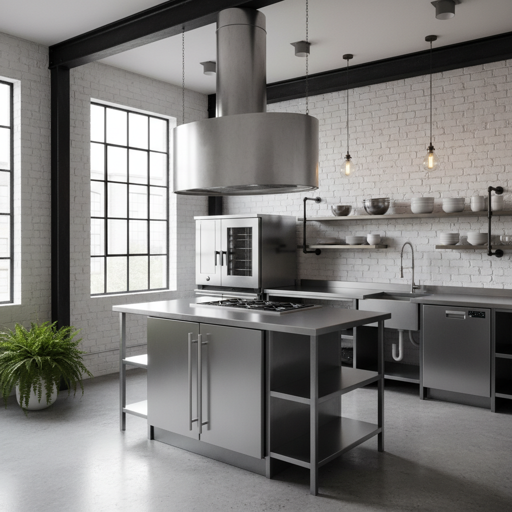 Image of modern stainless steel appliances in a small industrial kitchen.