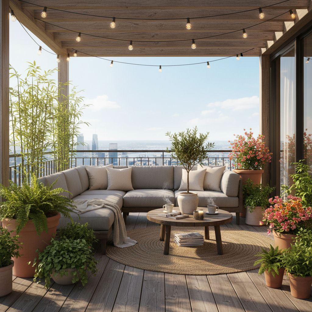 Image of a beautifully staged balcony with plants and seating.