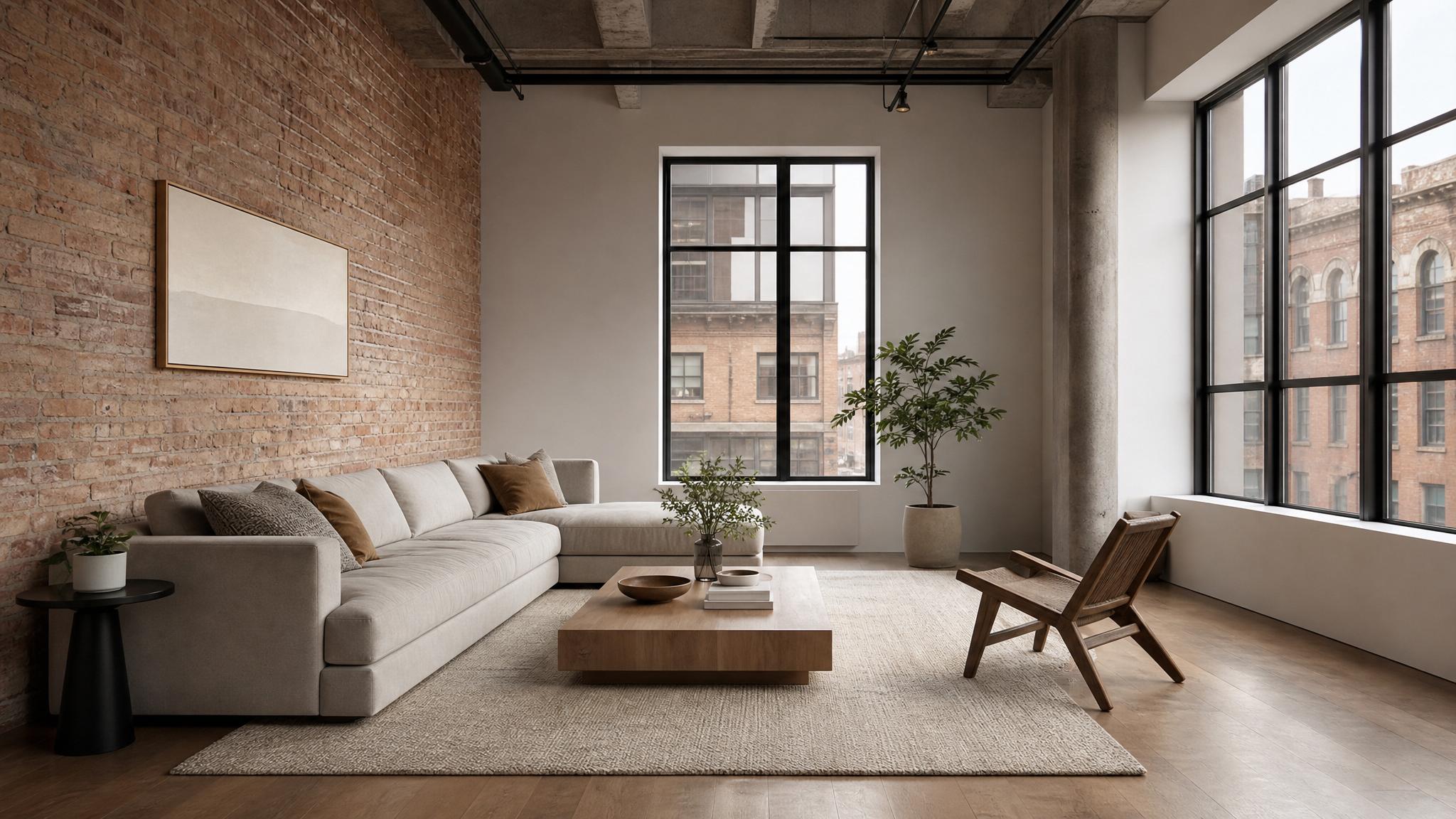 A stylishly minimalist loft living room showcasing a simple furniture layout.