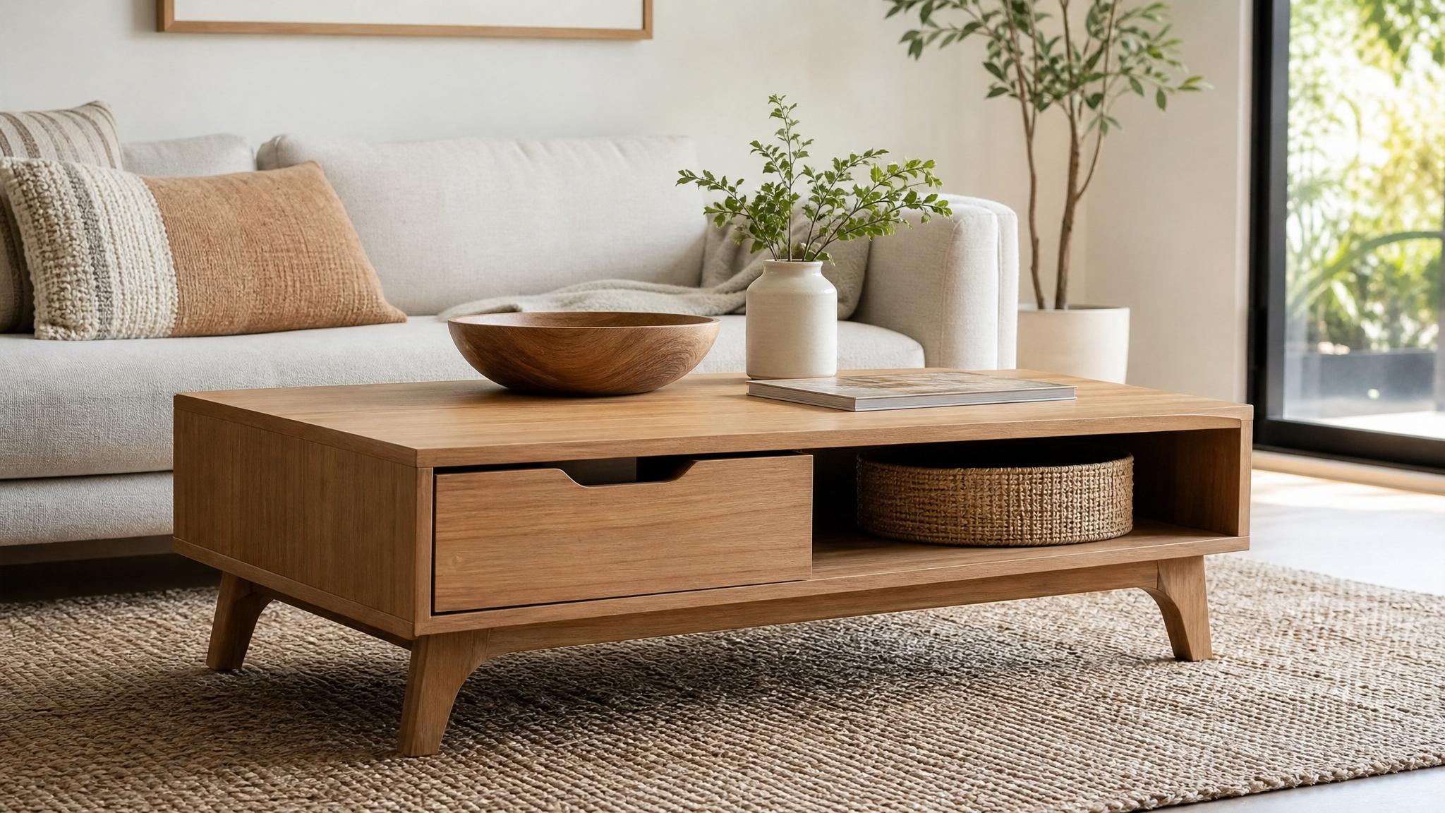 A minimalist coffee table with storage options.