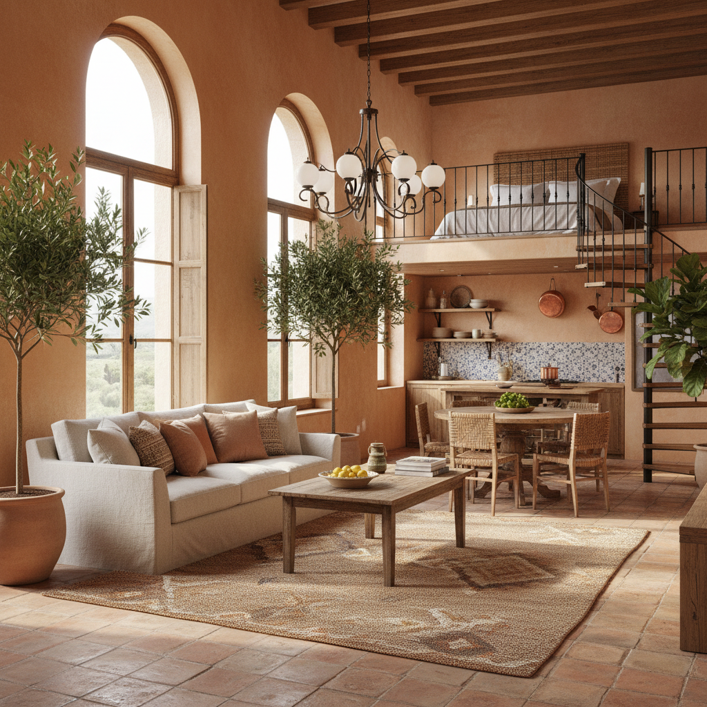 Image of a bright Mediterranean-style loft showing warm colors and natural materials.