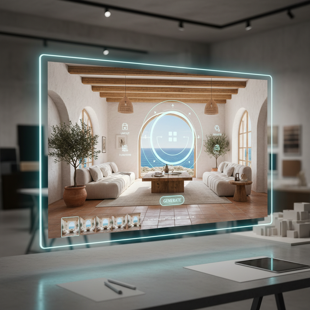 Image of an AI interface showing a Mediterranean loft design generation.