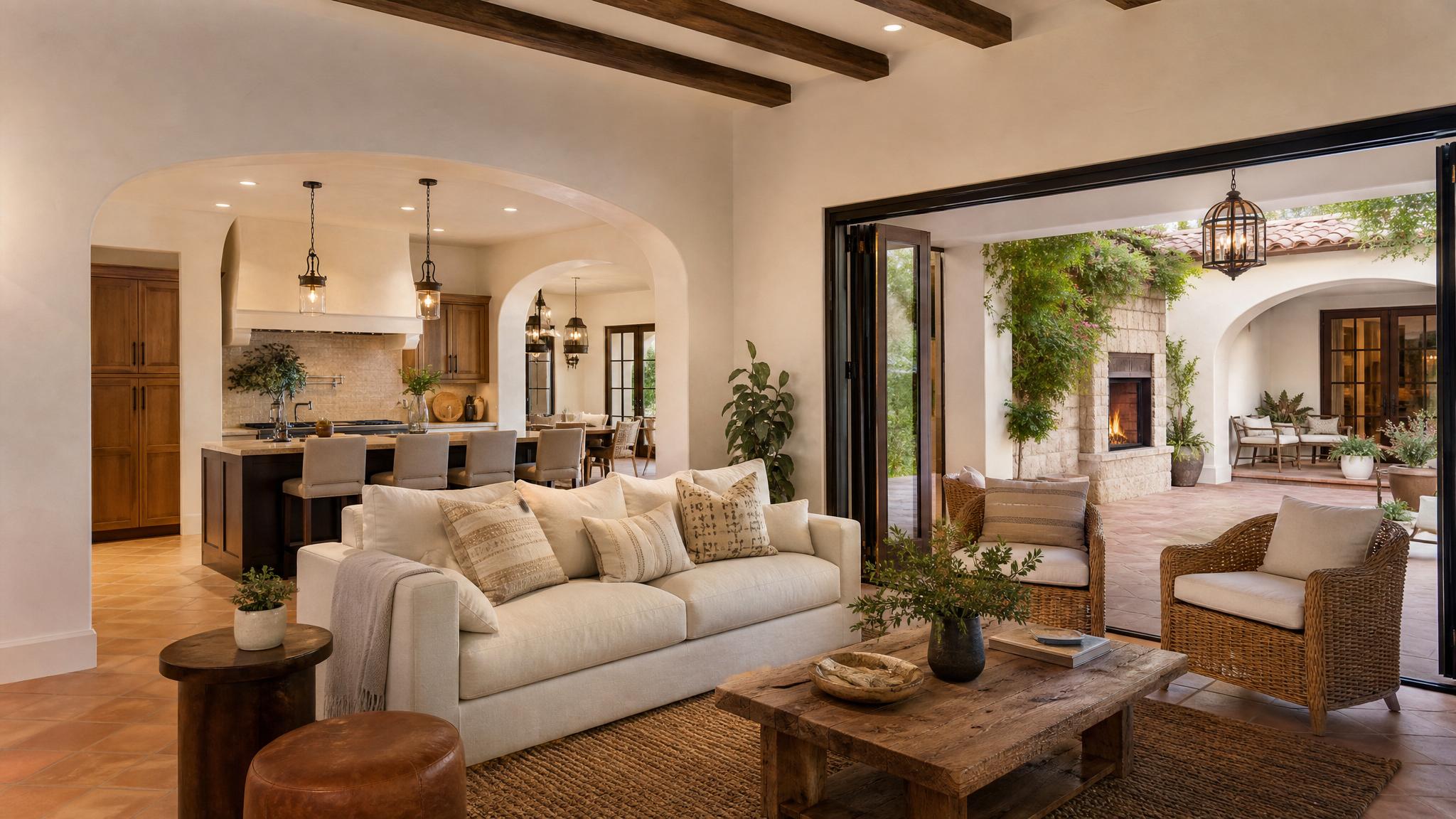 A beautifully staged Mediterranean open-plan living room with warm colors and natural light.