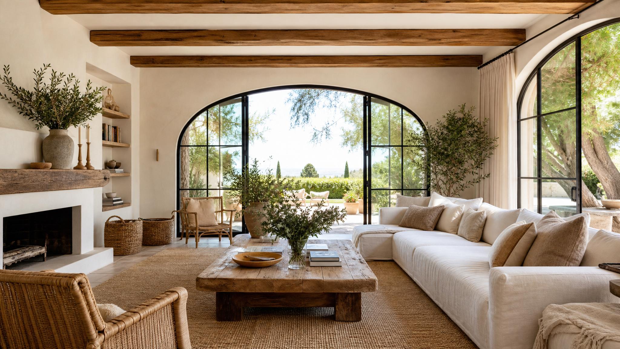 A bright Mediterranean living room with large windows and natural decor.
