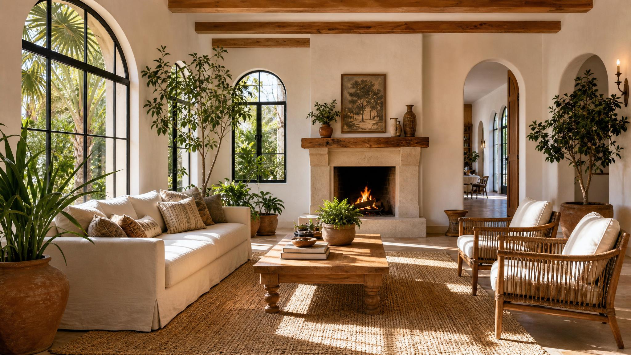 A Mediterranean living room featuring indoor plants and a cozy seating arrangement.