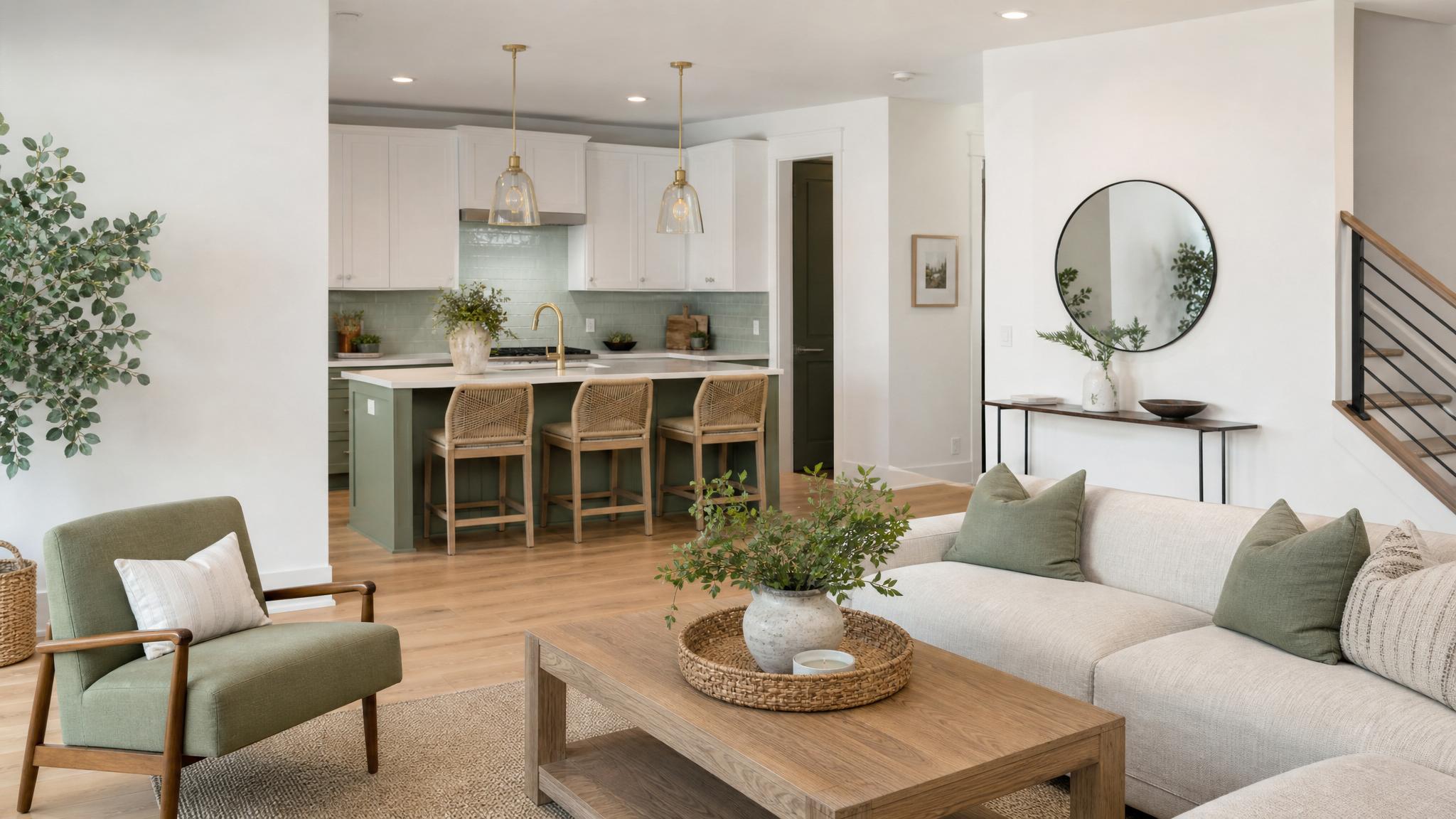 Image of an open-plan living room featuring soft greens and whites.