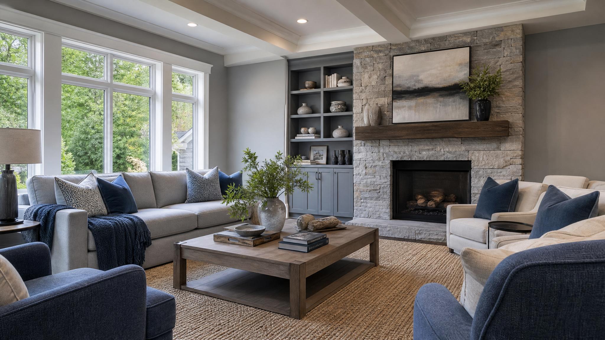 Image of a living room with calm blues and grays.