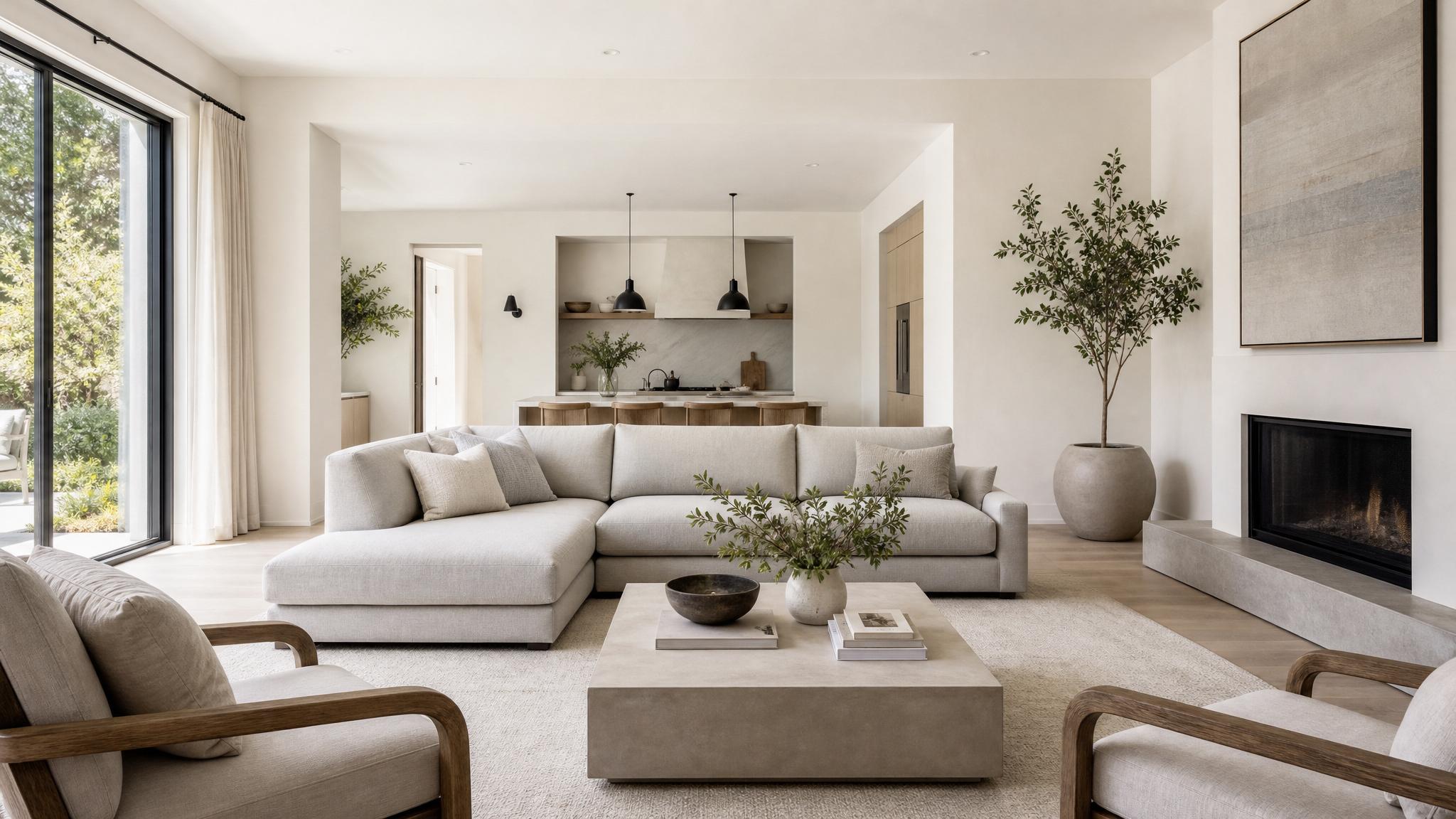 Image of a minimalist living room with neutral grays and soft whites.