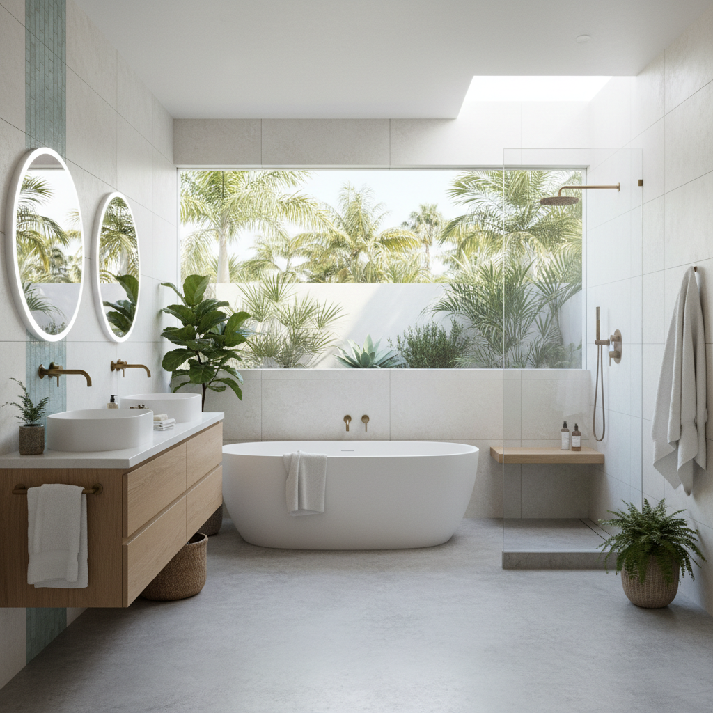 Image of a modern California bathroom with sleek fixtures and minimalist decor.