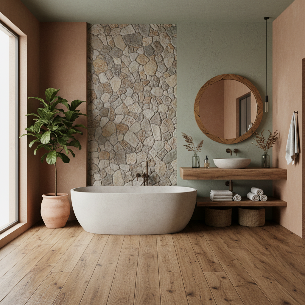 Image showcasing earthy color palettes and natural materials in a modern bathroom.
