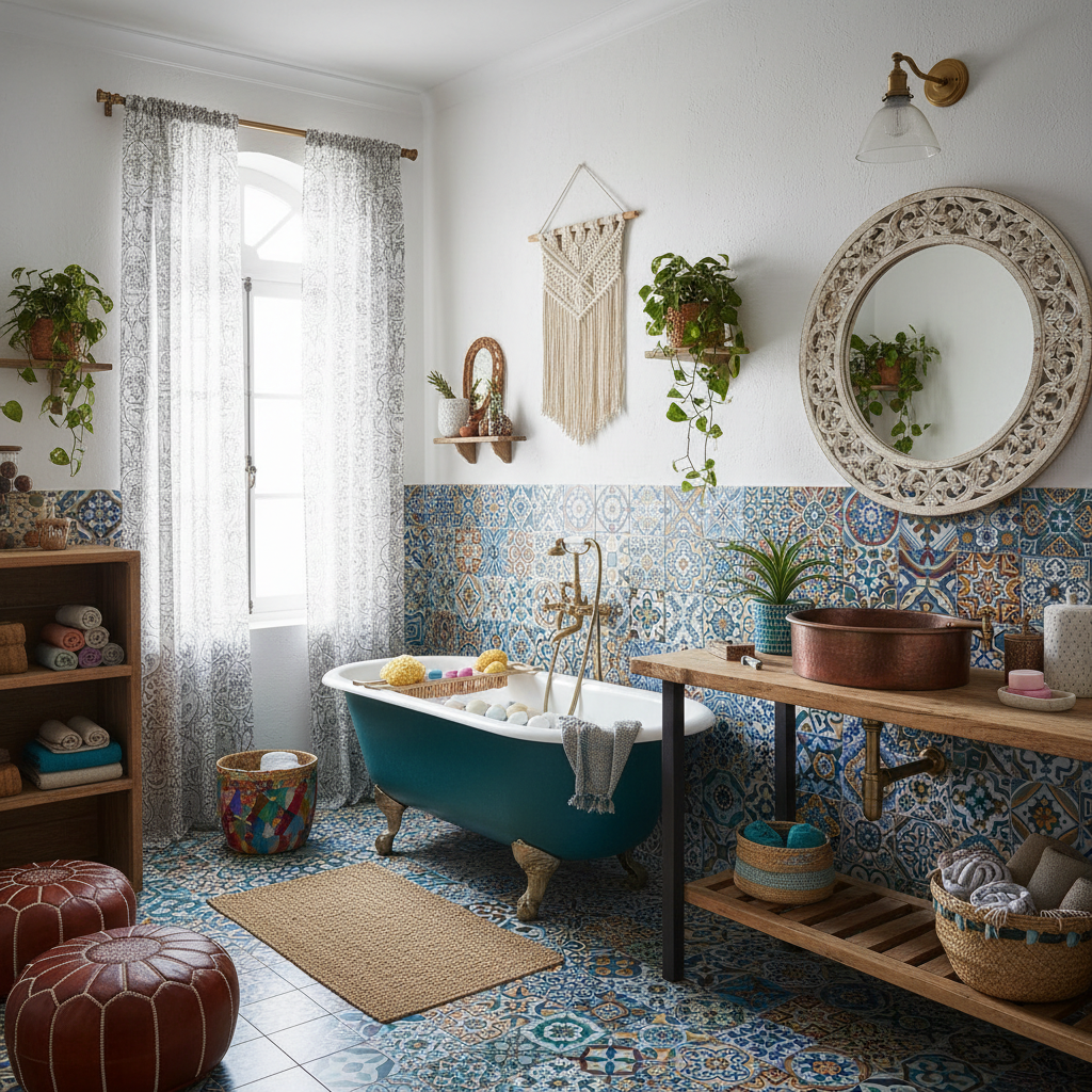 Bohemian bathroom design featuring colorful tiles, plants, and unique decor.