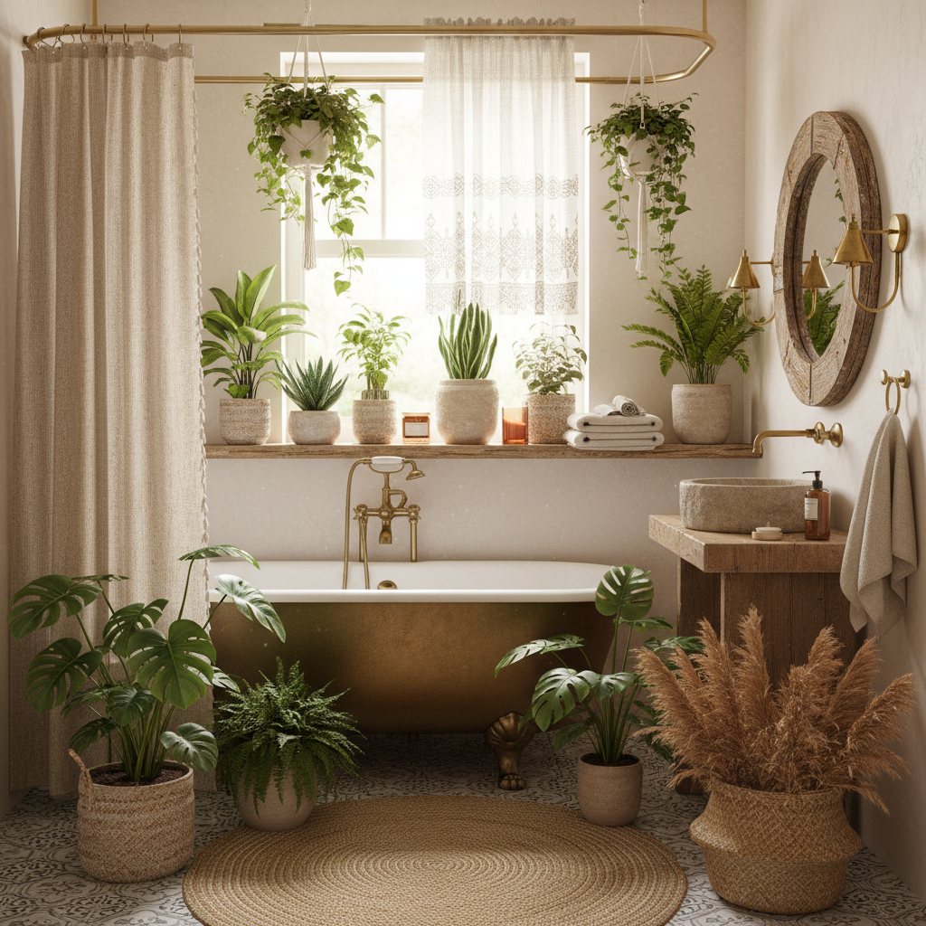 Various plants and accessories in a bohemian-style bathroom setting.