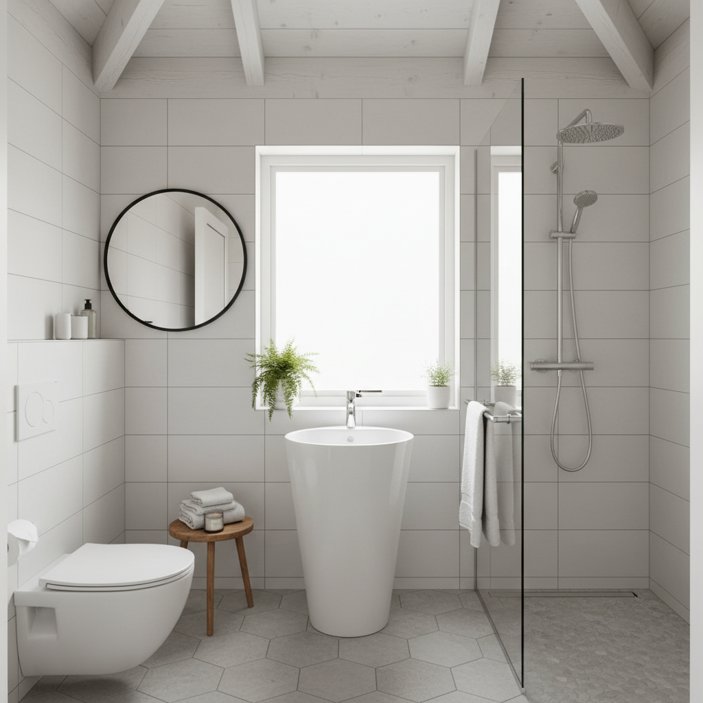 Well-lit small bathroom shot with natural lighting