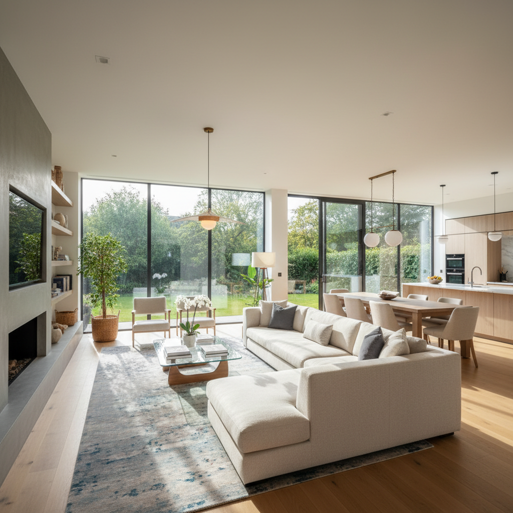A beautifully lit open-plan living room with natural sunlight.