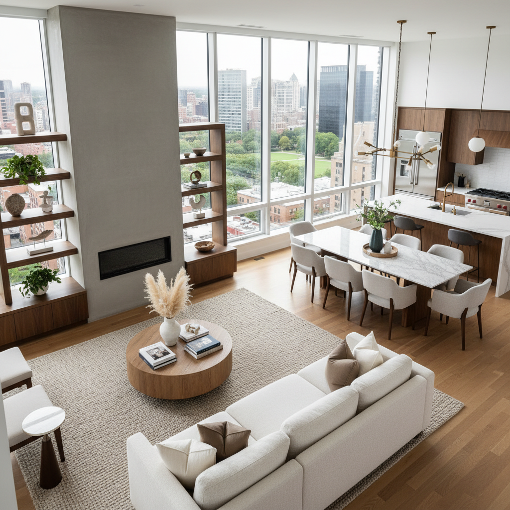 A well-composed photo from a high angle showing an open-plan living room.