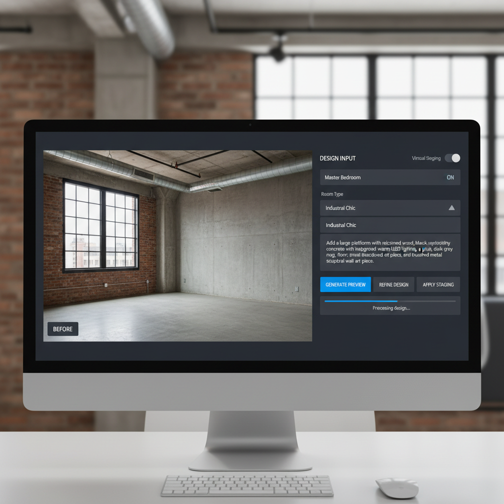 Screenshot of the user interface of an AI virtual staging tool showing input for an industrial master bedroom design.