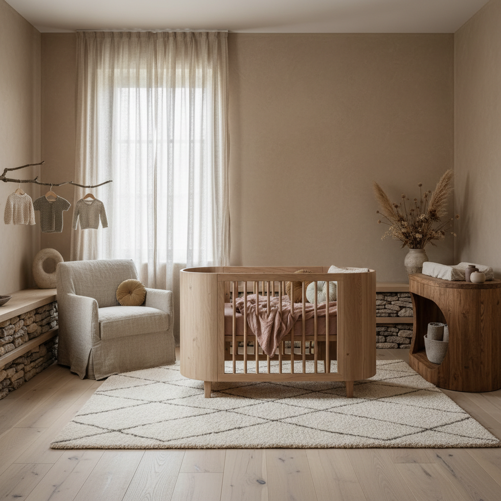 A serene wabi-sabi nursery featuring natural wood, soft colors, and textures.