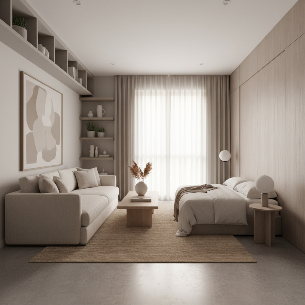 A beautiful minimalist studio interior showcasing neutral colors and clean lines.