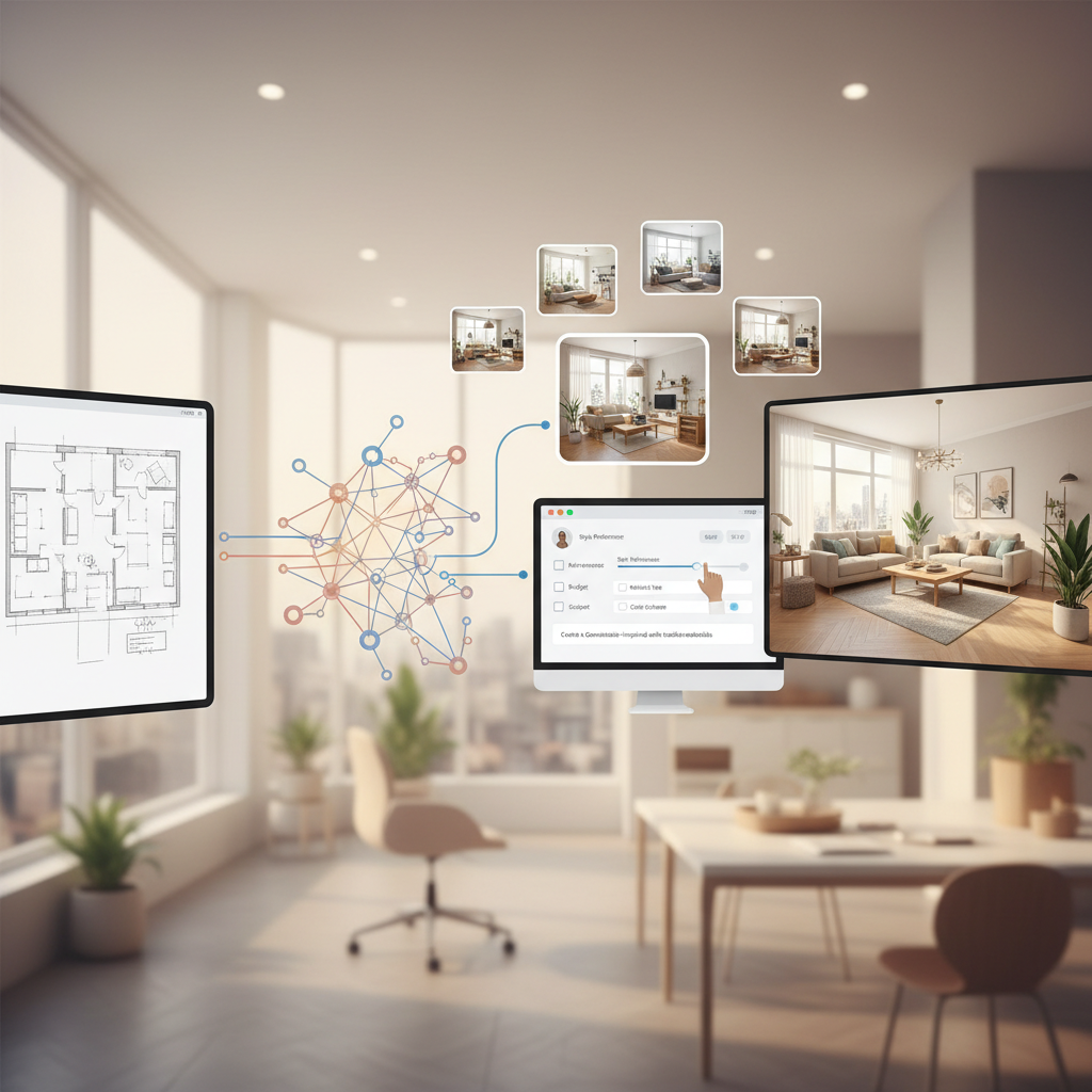 An illustration showing the process of AI-assisted interior design.