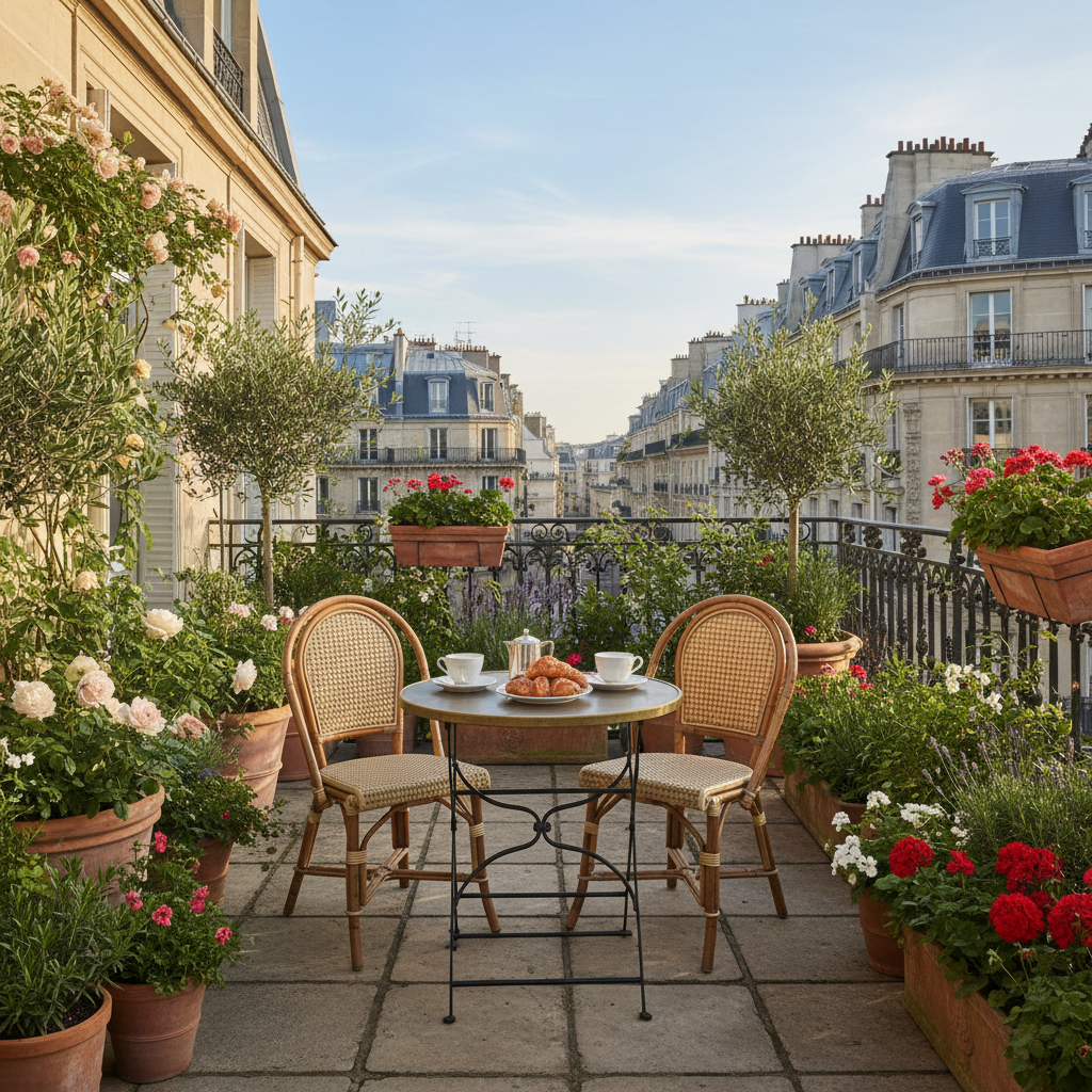 Elegant Parisian terrace with a small round table and chairs surrounded by plants and flowers.
