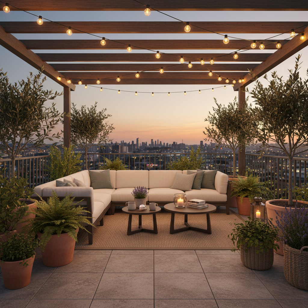 A beautifully lit terrace with string lights, cozy furniture, and potted plants.