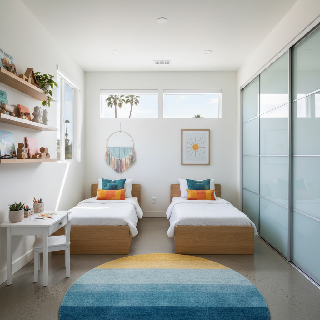 Modern California kids bedroom with minimalistic decor and bright colors.