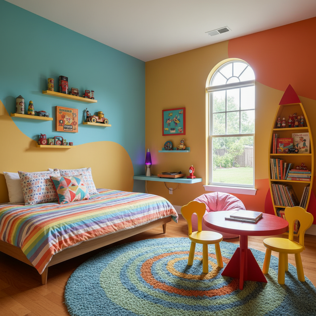 Playful kids bedroom with retro decor and vibrant colors.