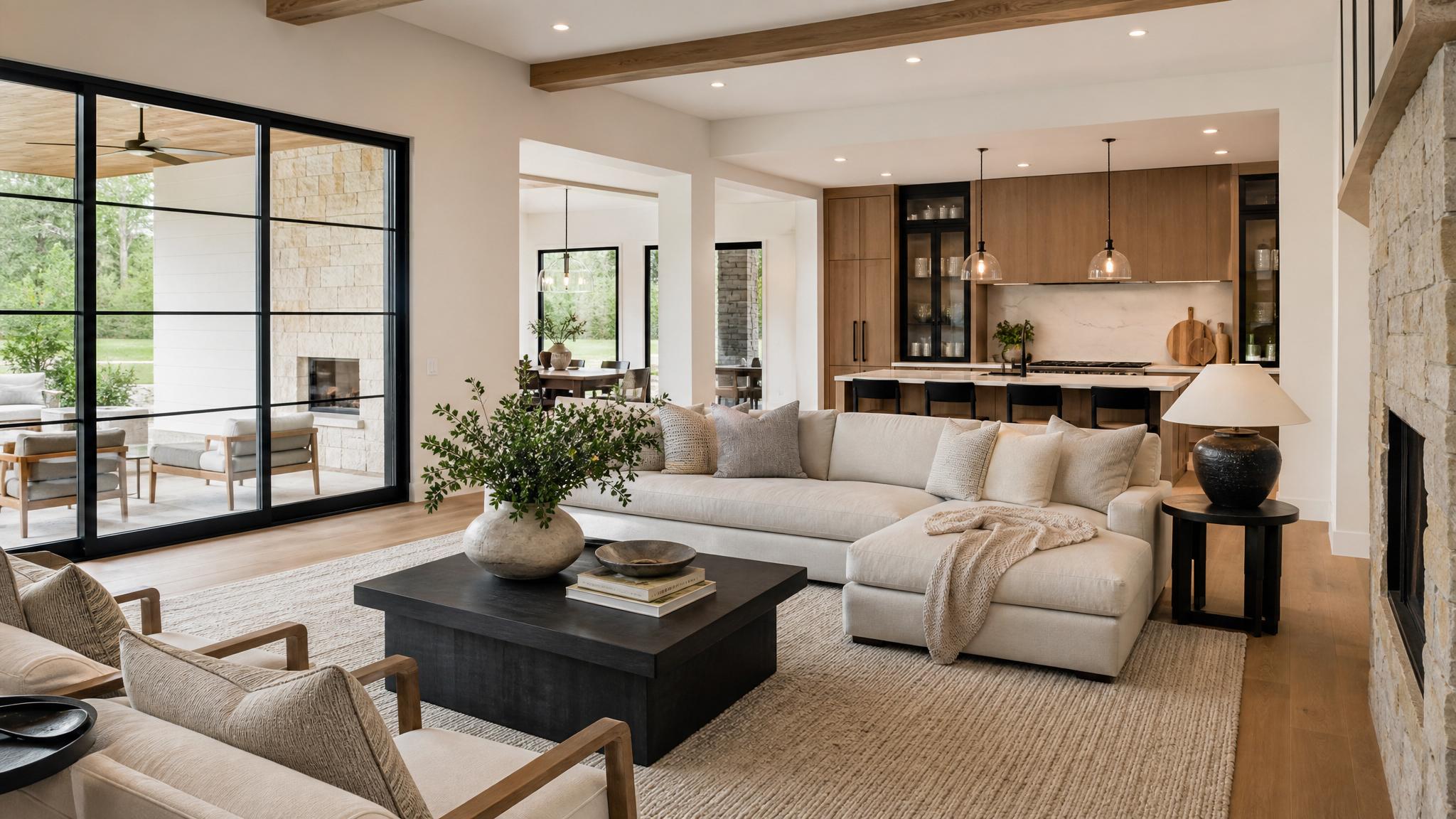 A stylish transitional open-plan living room featuring comfortable seating and a modern aesthetic.